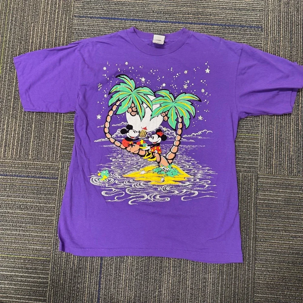 Disney Store Mickey Minnie Mouse Tropical Palm Tree Graphic TShirt Purple Womens